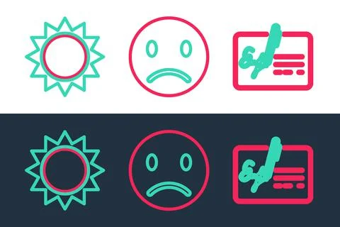 Set line Signed document, Sun and Sad smile icon. Vector Stock Illustration
