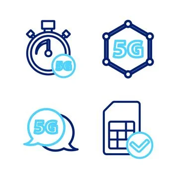 Set line Sim card, 5G network, and Digital speed meter icon. Vector 스톡 일러스트