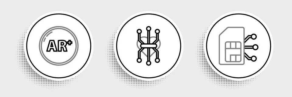 Set line Sim card, Ar, augmented reality and Processor icon. Vector Illustrazione stock
