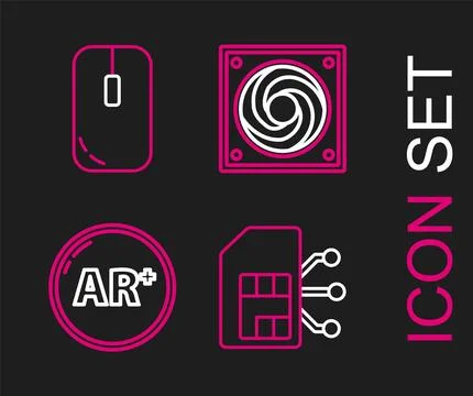 Set line Sim card, Ar, augmented reality, Computer cooler and mouse icon. V.. Stock Illustration