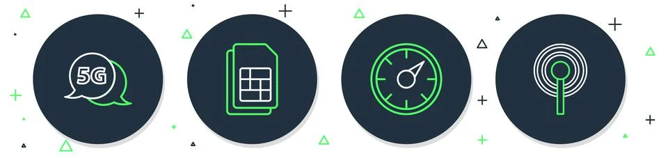 Set line Sim card, Digital speed meter 5G, network and Antenna icon. Vector Stock Illustration