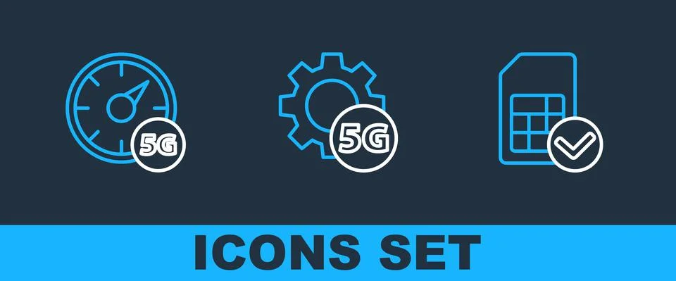 Set line Sim card, Digital speed meter 5G and Setting network icon. Vector Stock Illustration