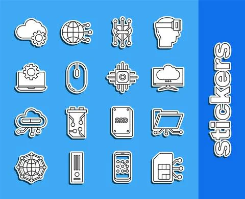 Set line Sim card, Folder and lock, Computer monitor screen, Processor, mouse Stock Illustration