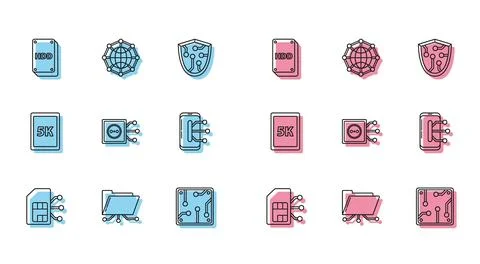 Set line Sim card, Folder and lock, Hard disk drive HDD, Processor, Remote Illustrazione stock