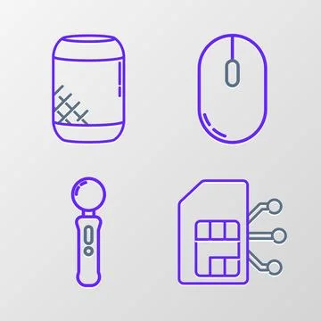 Set line Sim card, Gamepad, Computer mouse and Voice assistant icon. Vector Illustrazione stock