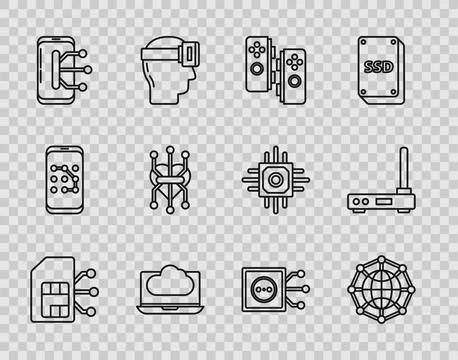 Set line Sim card, Global technology or social network, Gamepad, Cloud data.. Stock Illustration
