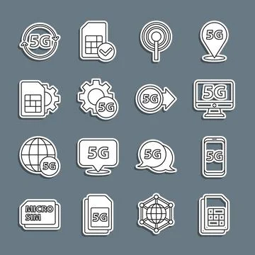 Set line Sim card, Mobile with 5G network, Monitor, Antenna, Setting, setti.. Stock Illustration