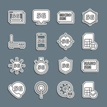 Set line Sim card, Nano Card, rejected, Micro, Mobile with 5G network, Router Stock Illustration