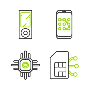Set line Sim card, Processor, Mobile and graphic password protection and Music Stock Illustration