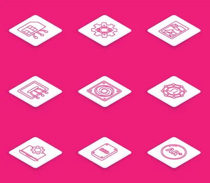 Set line Sim card, Processor, 3D printer, Tablet, Computer cooler, Project team Stock Illustration