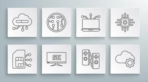Set line Sim card, Processor, Monitor display with 5k video, Gamepad, Cloud Stock Illustration
