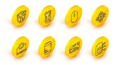 Set line Sim card, RAM, random access memory, Voice assistant, Laptop gear Illustrazione stock