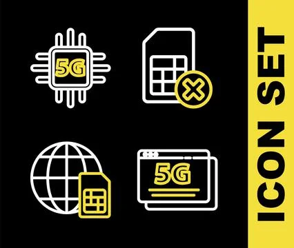 Set line Sim card rejected, 5G network, and Processor icon. Vector Stock Illustration