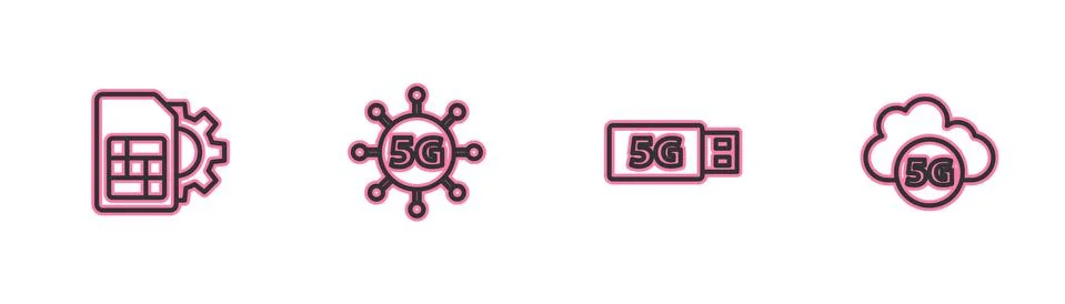 Set line Sim card setting, 5G modem, network and Cloud icon. Vector 스톡 일러스트
