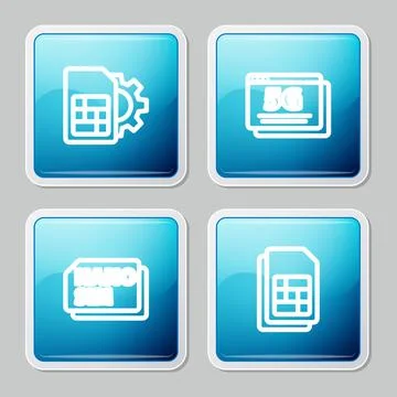 Set line Sim card setting, 5G network, Nano Card and icon. Vector Stock Illustration