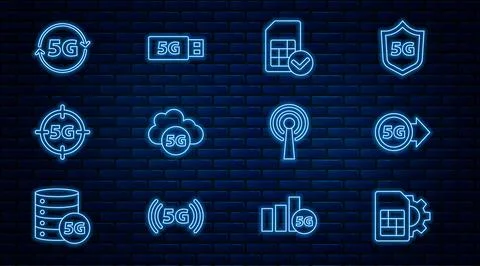 Set line Sim card setting, 5G network, Cloud, Antenna and modem icon. Vector 스톡 일러스트