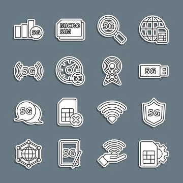 Set line Sim card setting, Protective shield 5G, modem, Search network, Dig.. イラスト素材