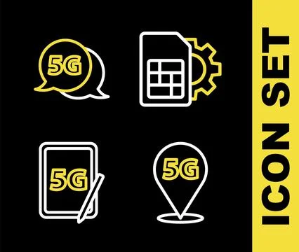 Set line Sim card setting, Location 5G network, Graphic tablet with and  ic.. Stock Illustration