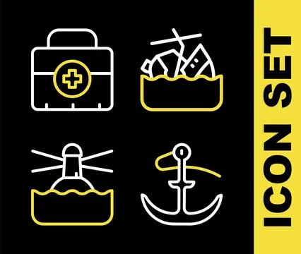 Set line Sinking cruise ship, Anchor, Lighthouse and First aid kit icon. Vect Ilustración de archivo