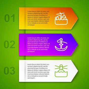 Set line Sinking cruise ship, Anchor and Lighthouse. Business infographic t.. Ilustração Stock