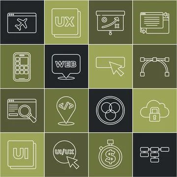 Set line Site map, Cloud computing lock, Bezier curve, Planning strategy concept Ilustración de archivo