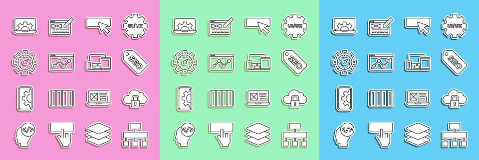 Set line Site map, Cloud computing lock, SEO optimization, UI or UX design,.. Stock Illustration