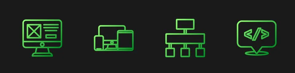 Set line Site map, UI or UX design, Monitor, mobile, tablet and Front end Stockillustratie