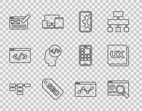 Set line Site map, UI or UX design, Web development, SEO optimization, Fron.. Stock Illustration
