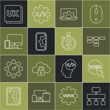 Set line Site map, Web and graphic design, development, Monitor mobile, UI .. Stock Illustration