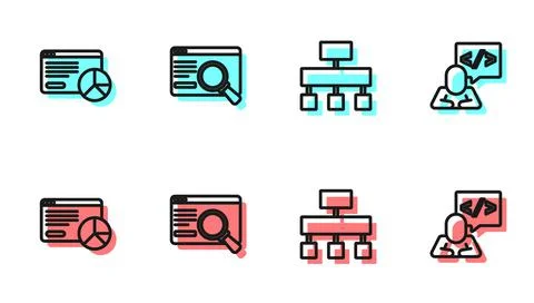 Set line Site map, Website statistic, UI or UX design and Front end development Stock Illustration