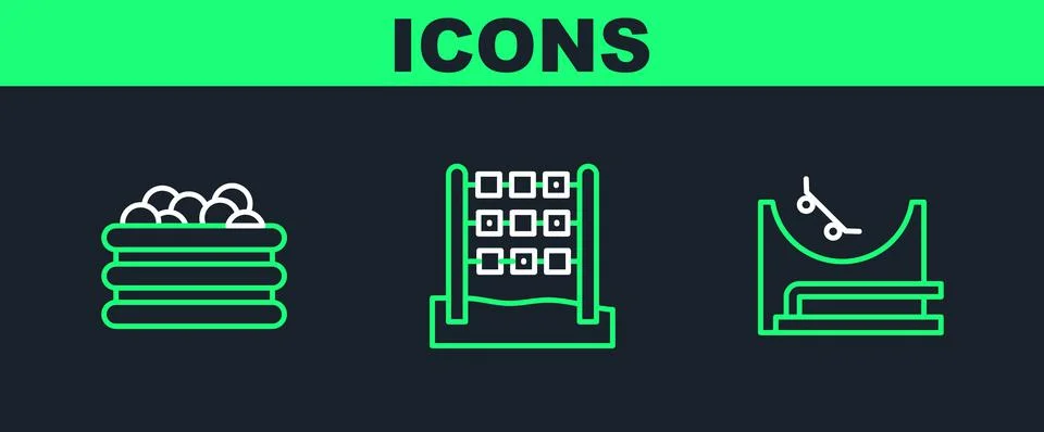 Set line Skate park, Pool with balls and Tic tac toe game icon. Vector Ilustración de archivo