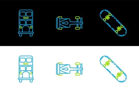 Set line Skateboard, Double decker bus and Formula race car icon. Vector Stock Illustration