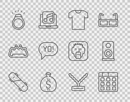 Set line Skateboard, Drum machine music, T-shirt, Money bag, Diamond ring, .. Stock Illustration