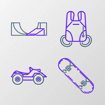 Set line Skateboard trick, All Terrain Vehicle or ATV motorcycle, Parachute and Illustrazione stock