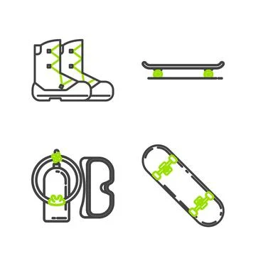 Set line Skateboard trick, Diving mask and aqualung,  and Boots icon. Vector Stock Illustration