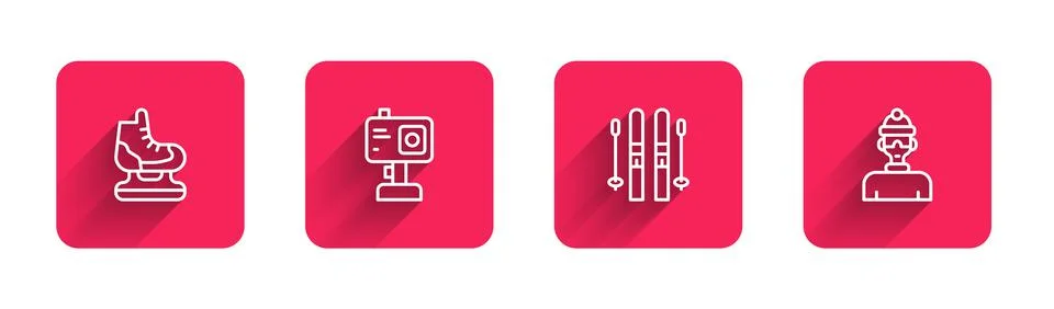Set line Skates, Action camera, Ski and sticks and Winter athlete with long Stock Illustration