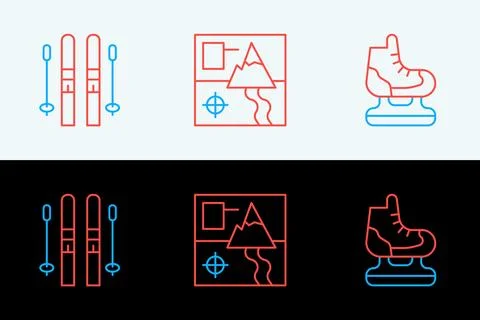 Set line Skates, Ski and sticks and Folded map icon. Vector Illustrazione stock