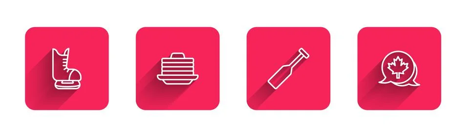 Set line Skates, Stack of pancakes, Paddle and Canadian maple leaf with long  Illustrazione stock