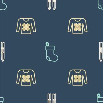 Set line Ski and sticks, Christmas sweater and stocking on seamless pattern Stock Illustration
