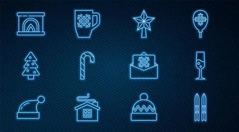 Set line Ski and sticks, Glass of champagne, Christmas star, candy cane, tr.. Stock Illustration