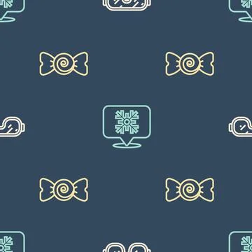 Set line Ski goggles, Candy and Snowflake speech bubble on seamless pattern Stock Illustration