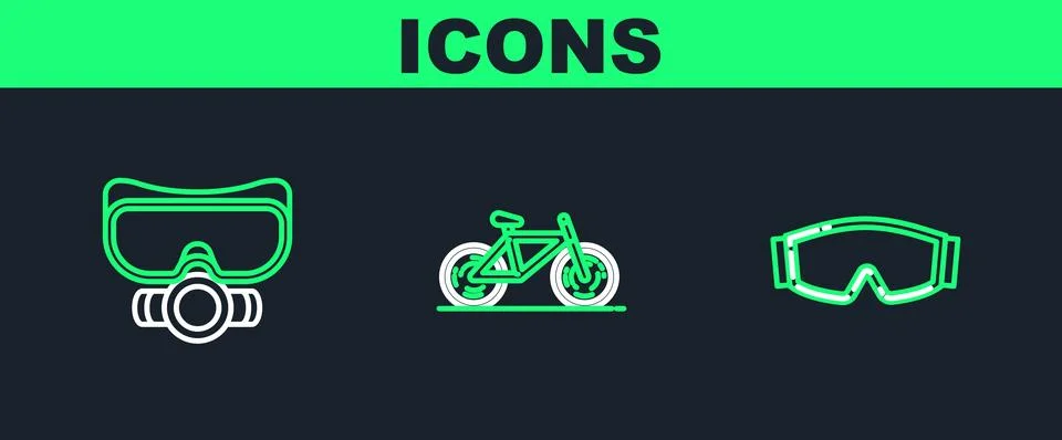 Set line Ski goggles, Diving mask and Bicycle icon. Vector Stock Illustration