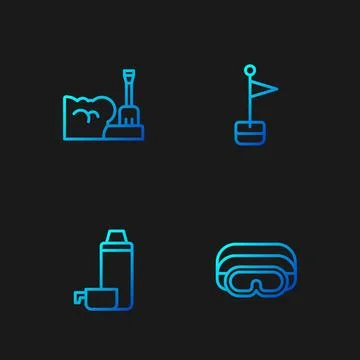 Set line Ski goggles, Thermos container, Shovel snowdrift and Location marker Illustration