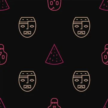 Set line Skull, Aztec mask and Nachos on seamless pattern. Vector Stock Illustration