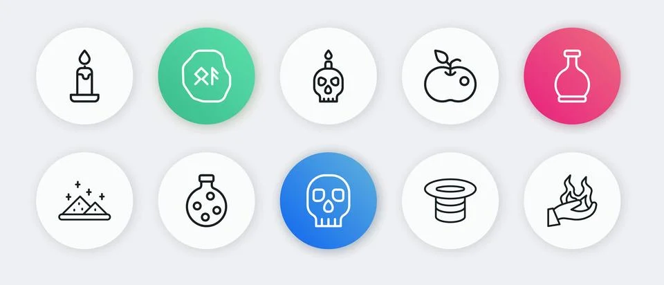 Set line Skull, Bottle with potion, Magic powder, hat, Poison apple, Burnin.. Stock Illustration