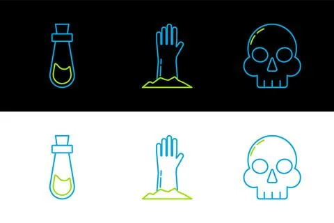 Set line Skull, Bottle with potion and Zombie hand icon. Vector 스톡 일러스트