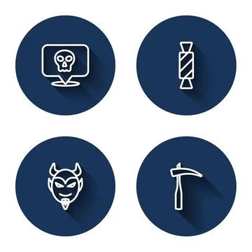 Set line Skull, Candy, Devil head and Scythe with long shadow. Blue circle Stock Illustration