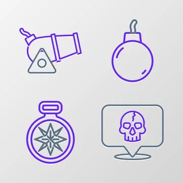 Set line Skull, Compass, Bomb ready to explode and Cannon icon. Vector Stock Illustration