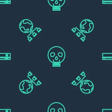 Set line Skull, Computer network and Video game console on seamless pattern Stock Illustration
