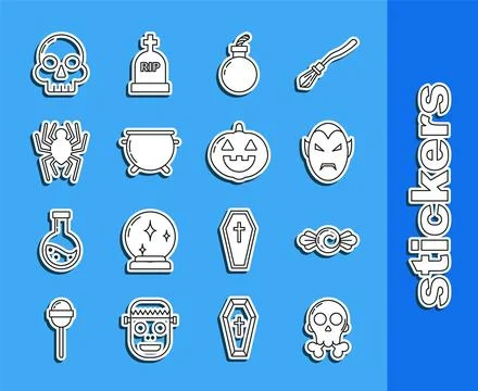Set line Skull on crossbones, Candy, Vampire, Bomb ready to explode, Hallow.. Stock Illustration